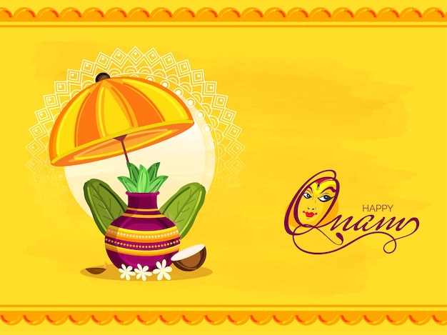 Vector happy onam celebration concept with worship pot (kalash), banana leaves, coconut and umbrella on yellow background.