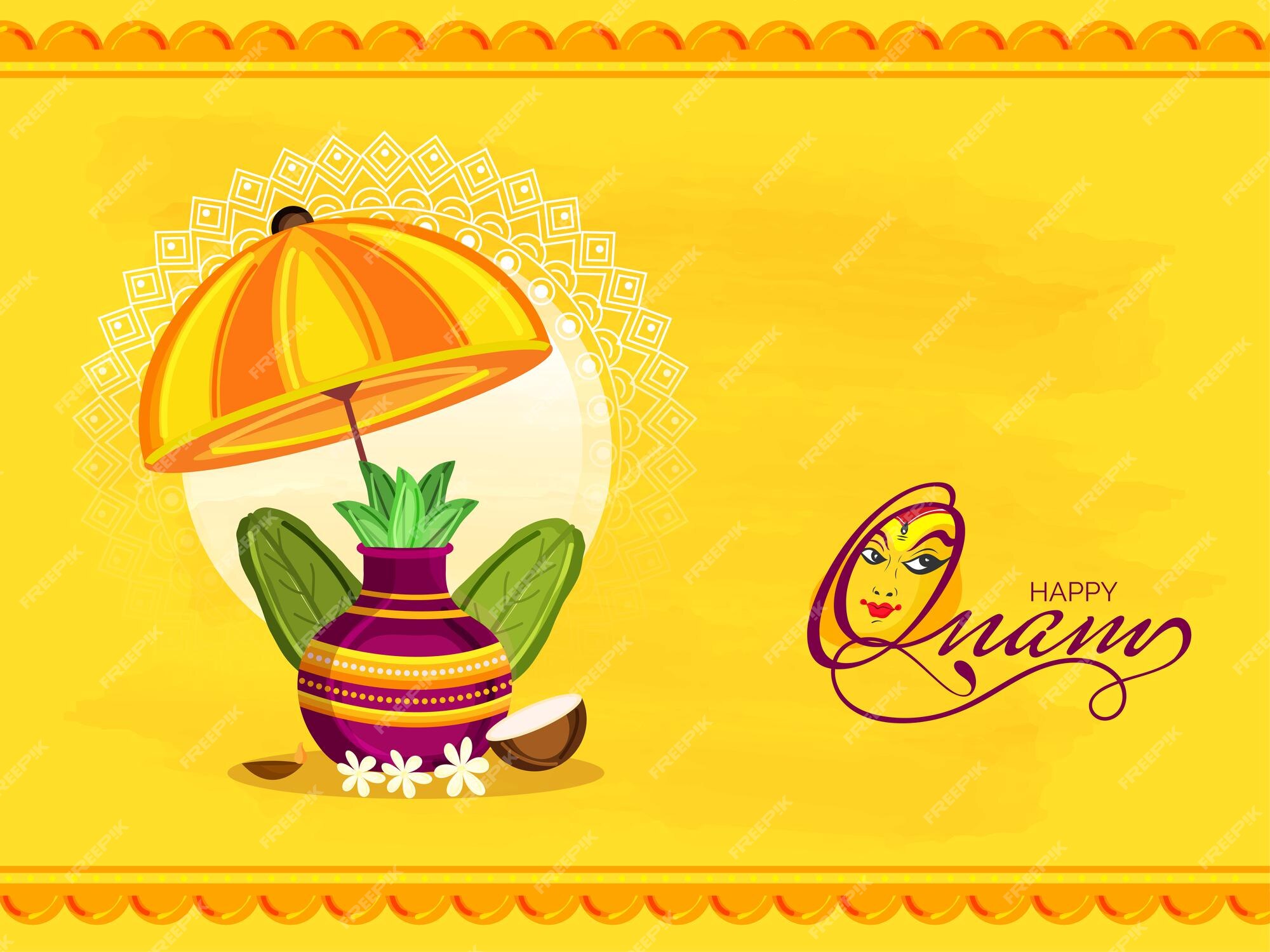 Premium Vector | Happy onam celebration concept with worship pot (kalash),  banana leaves, coconut and umbrella on yellow background.