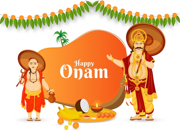 Happy onam celebration poster design met vrolijke king mahabali, vamana avatar, aranmula boat, coconut, banana en worship plate op witte achtergrond.