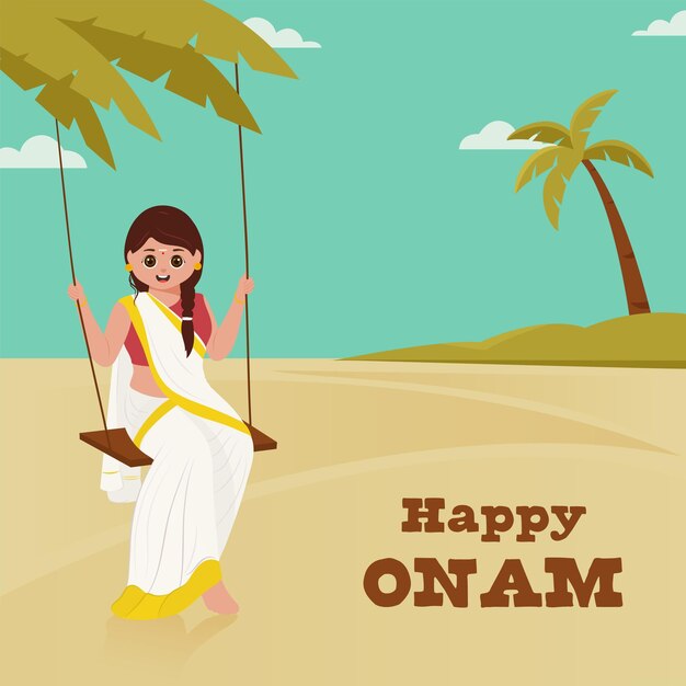 Happy onam celebration poster design with south indian young lady swinging on pearl aqua and light brown background