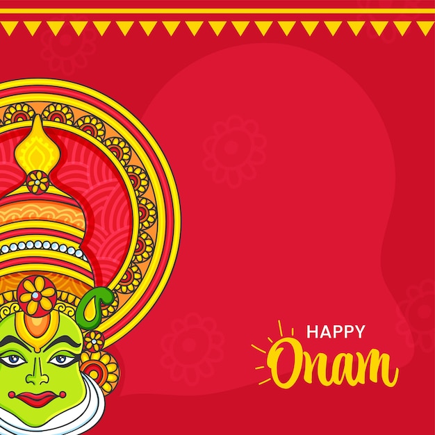 Concetto felice di festival di onam con il fronte del ballerino di kathakali su cenni storici rossi.