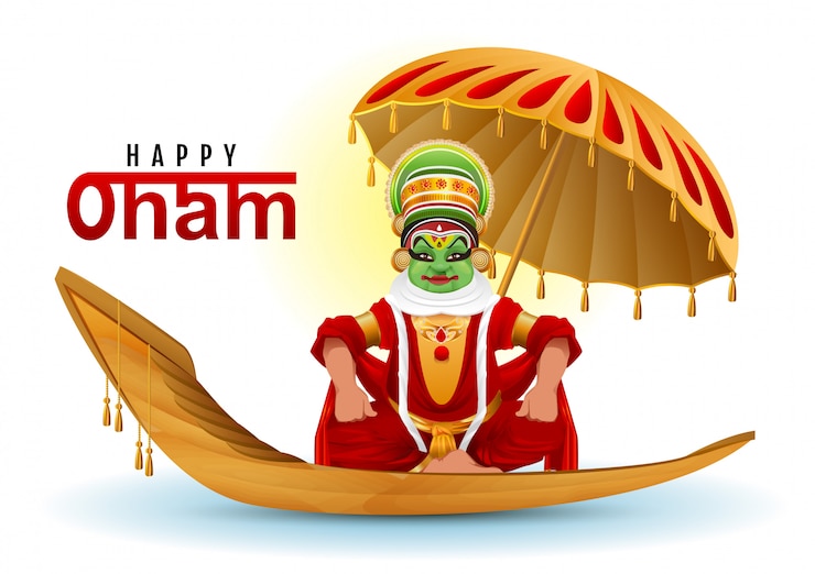 Vector happy onam greeting card. hindu festival of kerala in india. mahabali king returns swimming on boat