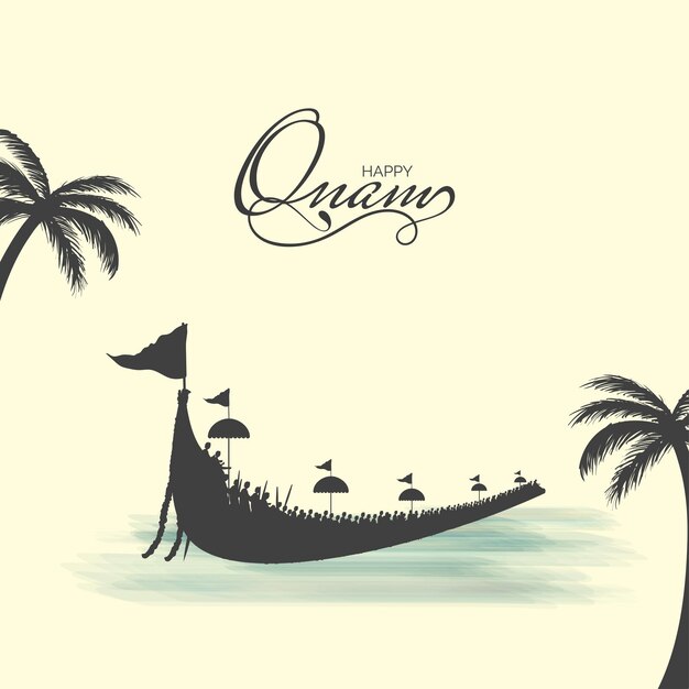 Vector happy onam greeting card with aranmula boat race and coconut trees on beige background