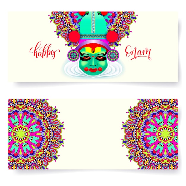 Felice onam vacanza orizzontale biglietto di auguri banner design con la faccia del ballerino indiano kathakali