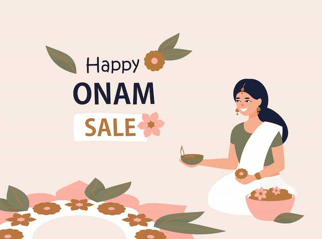 Вектор happy onam sale дизайн с индийской женщиной и ранголи