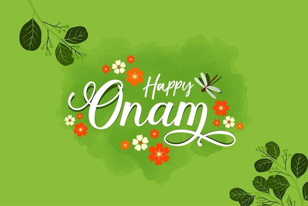 Vector happy onam typographic illustration with flower and leaf onam festival kerala