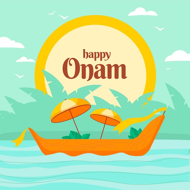 Happy onam with boat and umbrellas