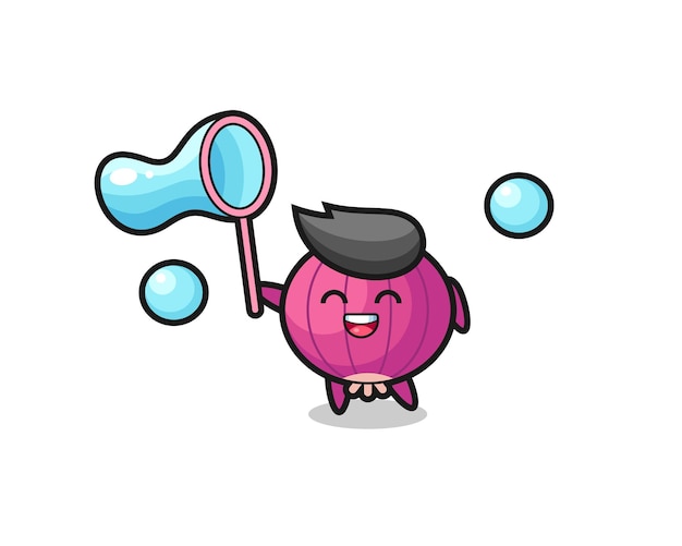 Vector happy onion cartoon playing soap bubble , cute style design for t shirt, sticker, logo element