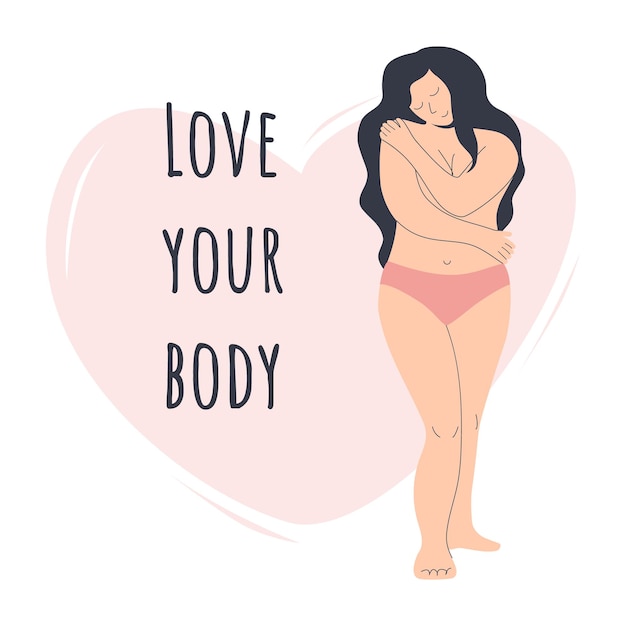 Happy overweight woman hugs herself Body positivee Hand drawn illustration