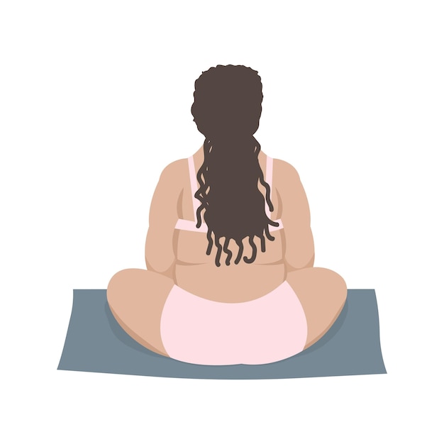 Happy overweight woman sitting on a mat meditating