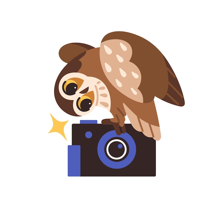 Vector happy owl takes photo by camera with flash funny talented owlet does photography amusing wise bird does creative photographs snapshots flat isolated vector illustration on white background