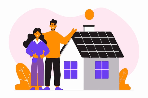 Vector happy pair by an ecofriendly house with solar panels during dusk