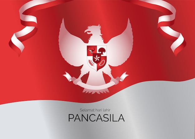 Счастливый день панчасила фон с индонезийскими флагами и символом птицы гаруда. хари лахир панчасила 1