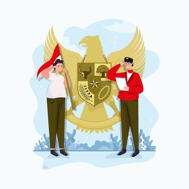 Happy Pancasila day with two men in front of Garuda Indonesia symbol