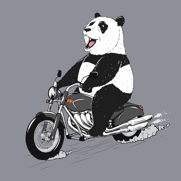 Happy panda rides on motorcycleBear bikerVector illustration