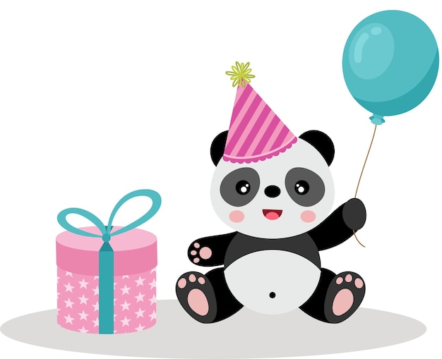 Vettore panda felice con un regalo di compleanno e un palloncino blu