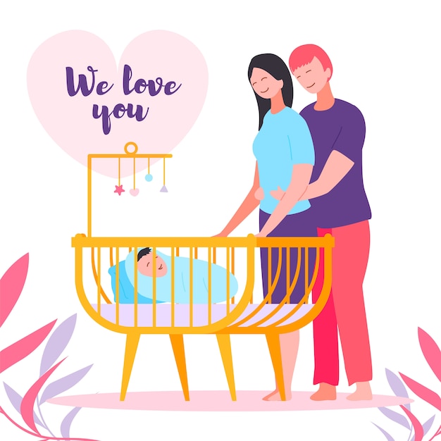 Happy parenthood, mother, father, bed newborn baby