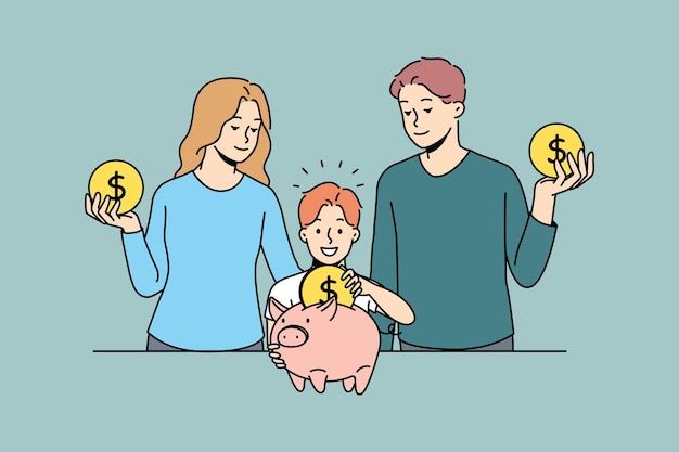 Happy parents and child saving money in piggybank