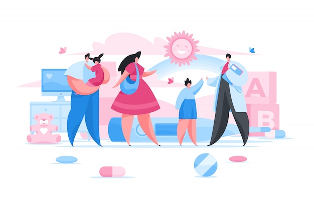 小児科医のオフィスで幸せな親と子供。フラットイラスト
