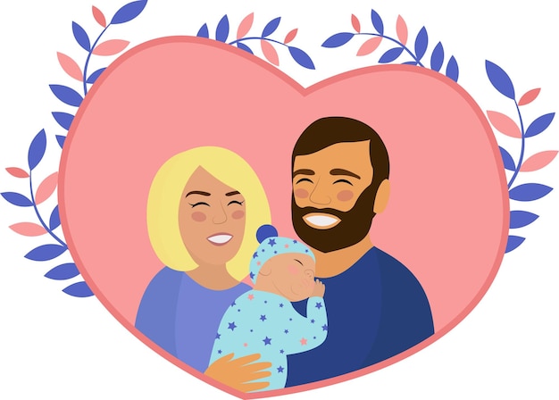 Vector happy parents and little newborn baby in the heart. family day. father and mother are holding sleeping son. vector flat illustration