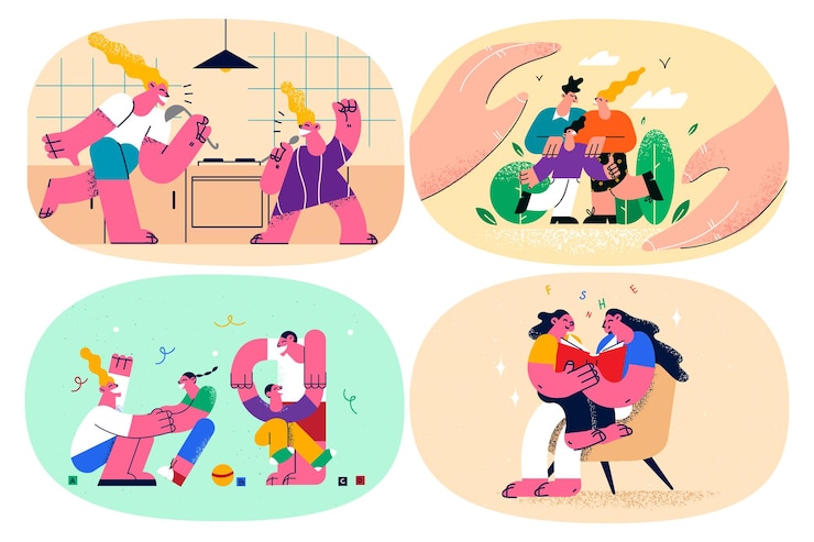 Vector happy parents relax play with kids stay at home during corona virus. smiling yougn family with children rest together enjoy quarantine lockdown indoors. covid-19 pandemic. vector illustration. set.
