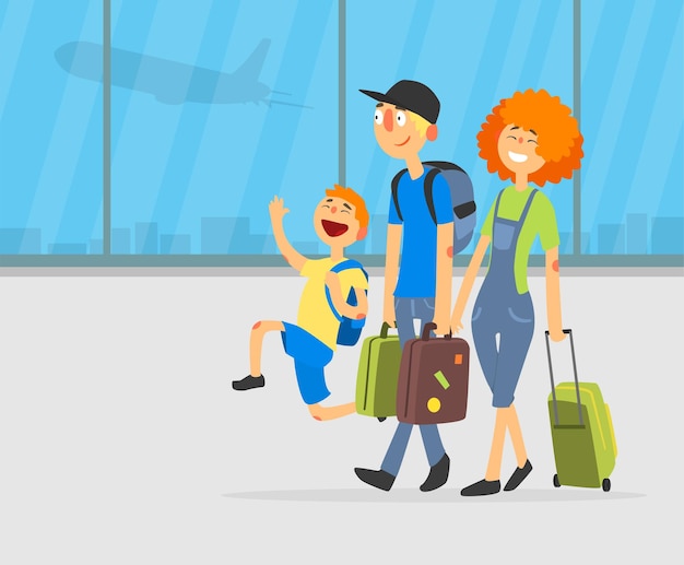 happy parents and their son travelling together with luggage on airport background vector illustration in flat style