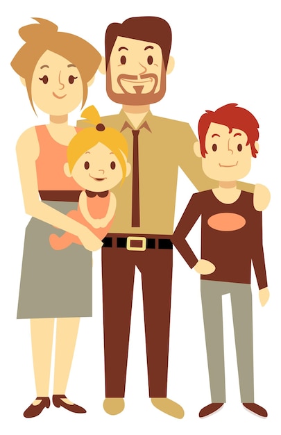 Vector happy parents with little kids standing together