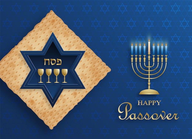 Vector happy passover card, the pessah holiday with nice and creative jewish symbols and gold paper cut style on color background for pesach jewish holiday (translation : happy passover)