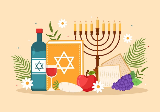 Вектор Счастливая пасхальная иллюстрация с еврейским праздником маца и песах в мультяшном шаблоне, нарисованном вручную