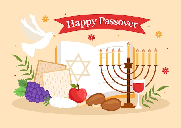 Happy passover illustration with matzah and pesach jewish holiday in cartoon hand drawn template