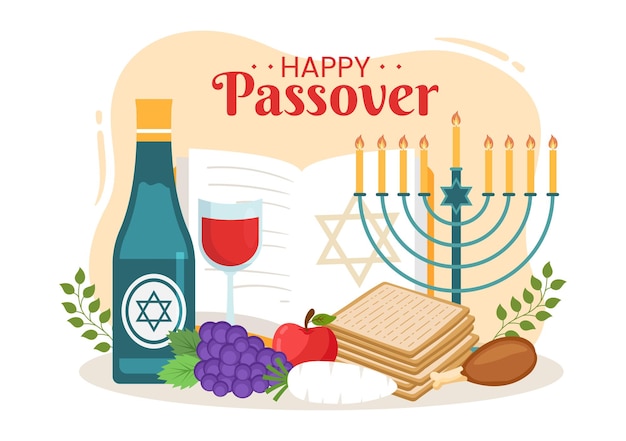 만화 손으로 그린 템플릿에 Matzah와 Pesach 유대인 휴일이 포함된 행복한 유월절 그림