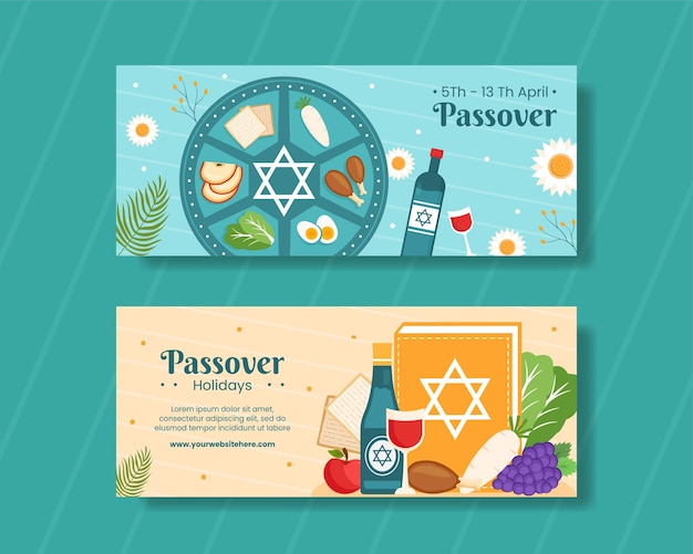 Happy passover jewish holiday horizontal banner flat cartoon hand drawn templates illustration