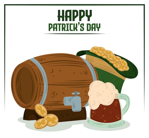 ベクトル ビール、樽、マグカップ、コインと帽子で幸せなパトリックの日の背景