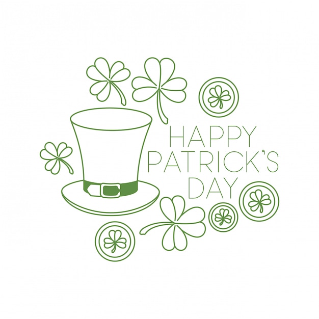 Happy patrick's day label met klaver en elf hoed pictogrammen