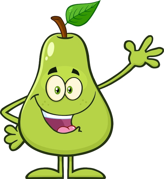 Happy Pear Fruit With Green Leaf Cartoon Mascot Character Waving For Greeting