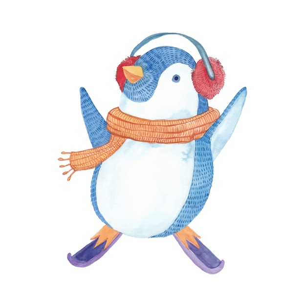 Happy penguin playing with music headset in watercolor