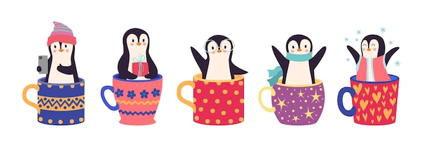 Vettore pinguini felici in tazza adesivi per il nuovo anno del pinguino di natale set di vettori per i saluti degli animali invernali dei cartoni animati
