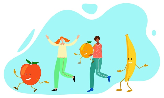 Вектор Счастливые люди и веселые фрукты люди танцуют вместе с бананом, апельсином и яблоком