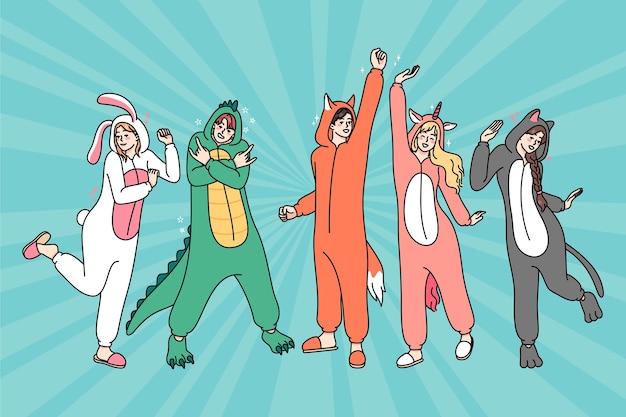 Счастливые люди в костюмах животных танцуют