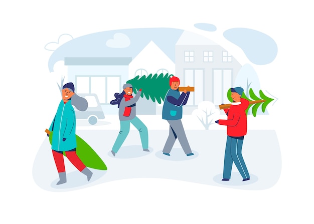 Happy people carries christmas trees. characters on new year and merry christmas. preparing for winter holidays. greeting card.