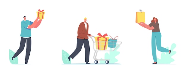 happy people carry gift boxes wrapped with festive bow. male and female characters prepare presents for family and friends on boxing day holidays or birthday celebration. cartoon vector illustration