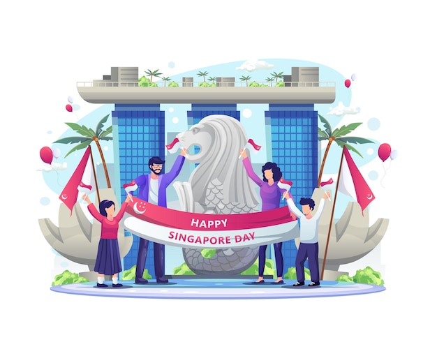 Happy people celebrate singapores independence day on august 9th illustration