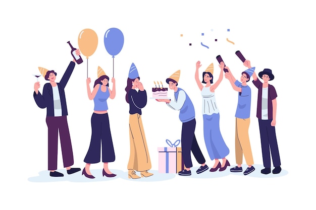 Vector happy people celebrating birthday party flat style illustration vector design
