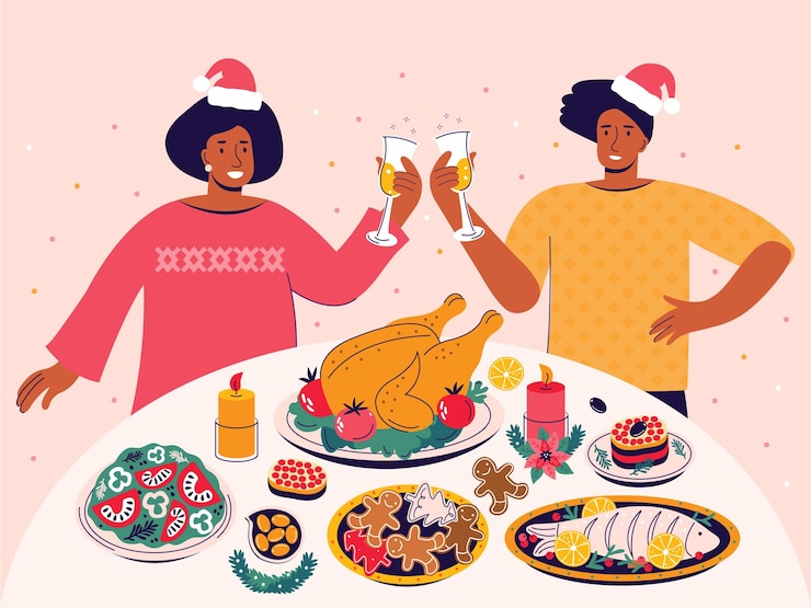 Vector happy people celebrating christmas at the festive table eating holiday meals and drinking wine family new year eve dinner xmas party man and woman celebrating new year flat vector illustration