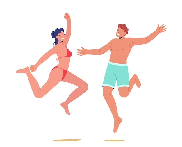 happy people characters wearing swimming suits jumping with hands up man and woman having fun on summer vacation