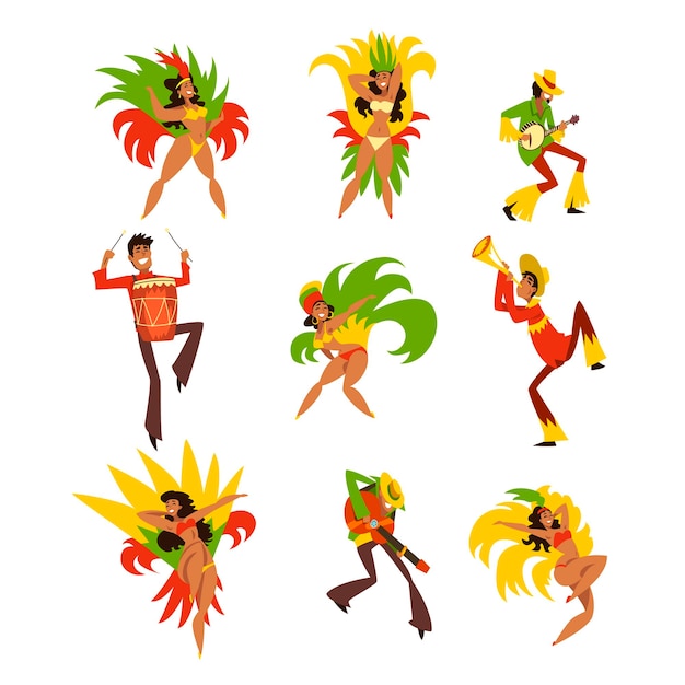 Happy people dancing and playing music brazil carnival men and women in bright costumes vector illustrations isolated on a white background