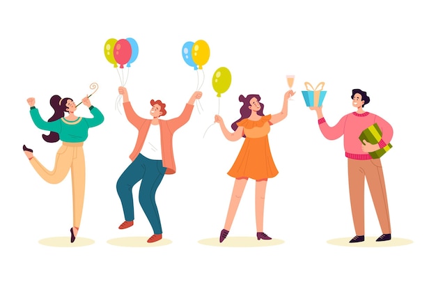 Vector happy people dancing smiling giving gifts and celebrate holydays isolated set.