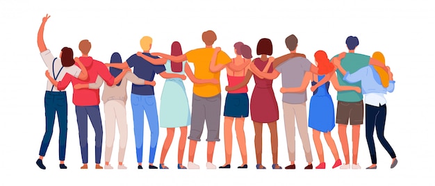 Happy people. diverse multi-ethnic people character group hugging standing together back view. national cohesion, solidarity and unity illustration. international friendship communication vector