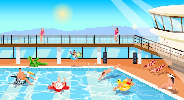 Happy people enjoy in luxury cruise ship resort Summer time vacation in swimming pool on deck ship Young people women men with inflatable circle animal have fun on pool party Vector illustration