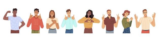 Happy people gesturing and expressing emotions